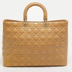 Pre Owned Dior Beige Cannage Patent Leather Extra Large Lady Dior Tote