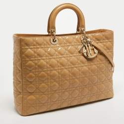 Pre Owned Dior Beige Cannage Patent Leather Extra Large Lady Dior Tote