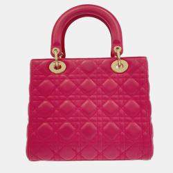 Pre Owned Dior  Pink Leather Medium Lady Dior Cannage Satchel Bag 