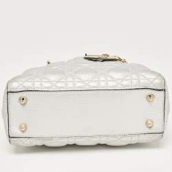 Pre Owned Dior Silver Cannage Leather Small Supple Lady Dior Tote