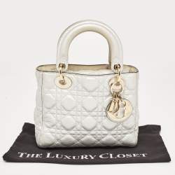 Pre Owned Dior Silver Cannage Leather Small Supple Lady Dior Tote