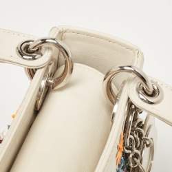 Pre Owned Dior Off White Leather Flower Sequin Mini Lady Dior Tote