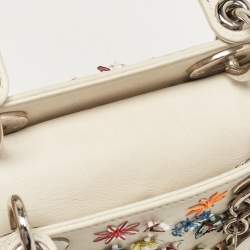 Pre Owned Dior Off White Leather Flower Sequin Mini Lady Dior Tote