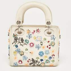 Pre Owned Dior Off White Leather Flower Sequin Mini Lady Dior Tote