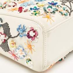 Pre Owned Dior Off White Leather Flower Sequin Mini Lady Dior Tote