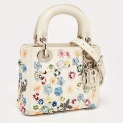 Pre Owned Dior Off White Leather Flower Sequin Mini Lady Dior Tote