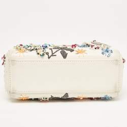 Pre Owned Dior Off White Leather Flower Sequin Mini Lady Dior Tote