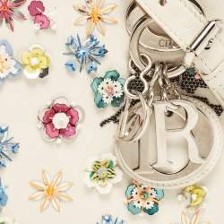 Pre Owned Dior Off White Leather Flower Sequin Mini Lady Dior Tote