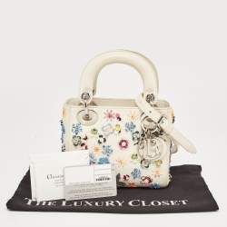 Pre Owned Dior Off White Leather Flower Sequin Mini Lady Dior Tote