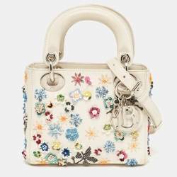 Pre Owned Dior Off White Leather Flower Sequin Mini Lady Dior Tote