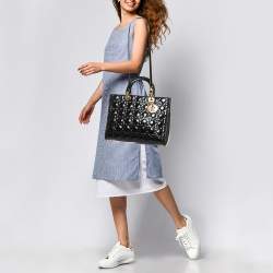 Pre Owned Dior Black Cannage Patent Leather Large Lady Dior Tote