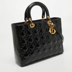 Pre Owned Dior Black Cannage Patent Leather Large Lady Dior Tote