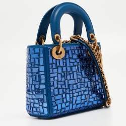 Pre Owned Dior Blue Leather Mini Mosaic of Mirrors Lady Dior Tote