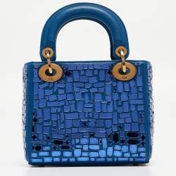 Pre Owned Dior Blue Leather Mini Mosaic of Mirrors Lady Dior Tote