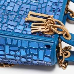 Pre Owned Dior Blue Leather Mini Mosaic of Mirrors Lady Dior Tote
