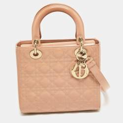 Pre Owned Dior Dusty Pink Cannage Patent Leather Medium Lady Dior Tote