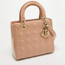 Pre Owned Dior Dusty Pink Cannage Patent Leather Medium Lady Dior Tote