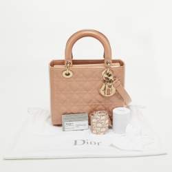 Pre Owned Dior Dusty Pink Cannage Patent Leather Medium Lady Dior Tote