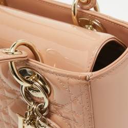 Pre Owned Dior Dusty Pink Cannage Patent Leather Medium Lady Dior Tote