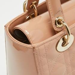 Pre Owned Dior Dusty Pink Cannage Patent Leather Medium Lady Dior Tote