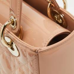 Pre Owned Dior Dusty Pink Cannage Patent Leather Medium Lady Dior Tote