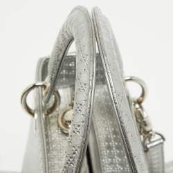 Pre Owned Dior Silver Micro Cannage Patent Leather Medium Lady Dior Tote