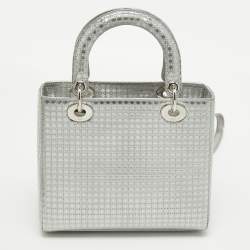 Pre Owned Dior Silver Micro Cannage Patent Leather Medium Lady Dior Tote