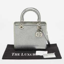 Pre Owned Dior Silver Micro Cannage Patent Leather Medium Lady Dior Tote