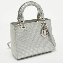Pre Owned Dior Silver Micro Cannage Patent Leather Medium Lady Dior Tote