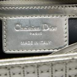 Pre Owned Dior Silver Micro Cannage Patent Leather Medium Lady Dior Tote