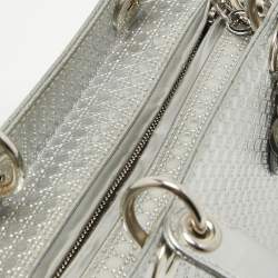 Pre Owned Dior Silver Micro Cannage Patent Leather Medium Lady Dior Tote
