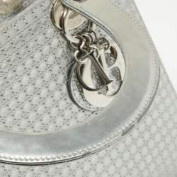 Pre Owned Dior Silver Micro Cannage Patent Leather Medium Lady Dior Tote