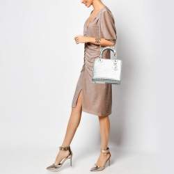 Pre Owned Dior Silver Micro Cannage Patent Leather Medium Lady Dior Tote