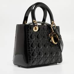 Pre Owned Dior Black Cannage Patent Leather Medium Lady Dior Tote