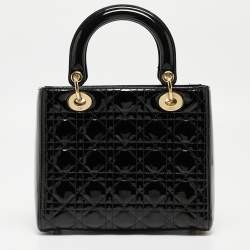 Pre Owned Dior Black Cannage Patent Leather Medium Lady Dior Tote