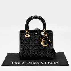Pre Owned Dior Black Cannage Patent Leather Medium Lady Dior Tote