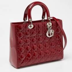 Pre Owned Dior Red Cannage Patent Leather Large Lady Dior Tote