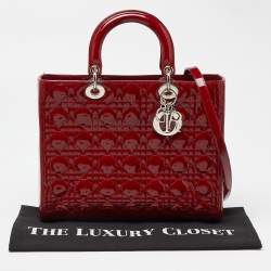 Pre Owned Dior Red Cannage Patent Leather Large Lady Dior Tote