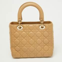 Pre Owned Dior Beige Cannage Quilted Leather Medium Lady Dior Tote