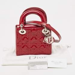 Pre Owned Dior Red Cannage Patent Leather Mini Lady Dior Tote