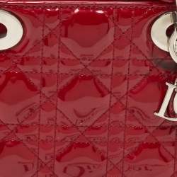 Pre Owned Dior Red Cannage Patent Leather Mini Lady Dior Tote