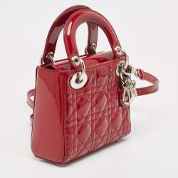 Pre Owned Dior Red Cannage Patent Leather Mini Lady Dior Tote