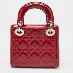 Pre Owned Dior Red Cannage Patent Leather Mini Lady Dior Tote