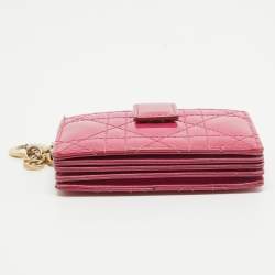 Pre Owned Dior Pink Cannage Patent Leather Lady Dior 5 Gusset Card Holder