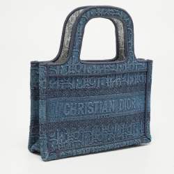 Pre Owned Dior Blue Oblique  Embroidered Denim Mini Book Tote
