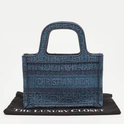 Pre Owned Dior Blue Oblique  Embroidered Denim Mini Book Tote