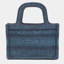 Pre Owned Dior Blue Oblique  Embroidered Denim Mini Book Tote