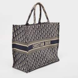 Pre Owned Dior Navy Blue Oblique Embroidered Canvas Large Book Tote