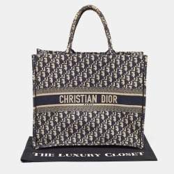 Pre Owned Dior Navy Blue Oblique Embroidered Canvas Large Book Tote