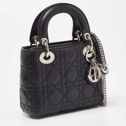 Pre Owned Dior Dark Blue  Cannage Leather Mini Lady Dior Tote